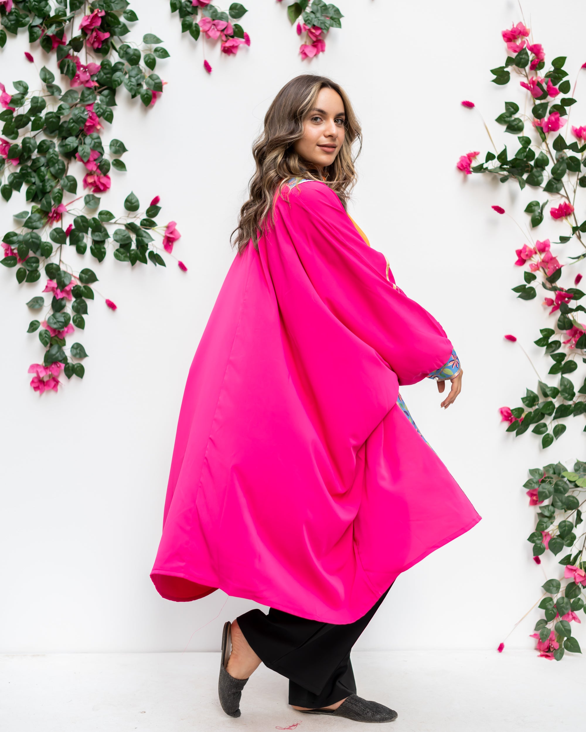 Fushia open poncho with Indian tape